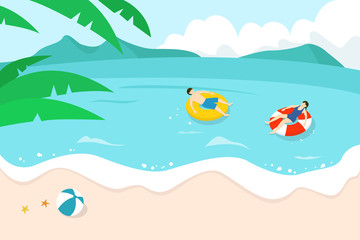 People in summer beach. Flat style vector illustration.