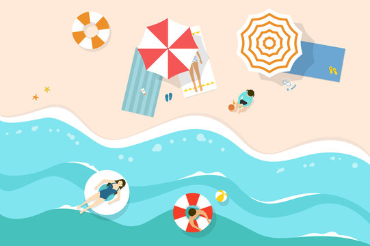 People in summer beach. Flat top view vector illustration.