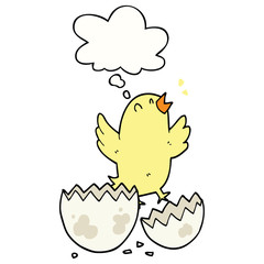 cartoon bird hatching from egg and thought bubble