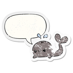 cute cartoon whale and speech bubble distressed sticker
