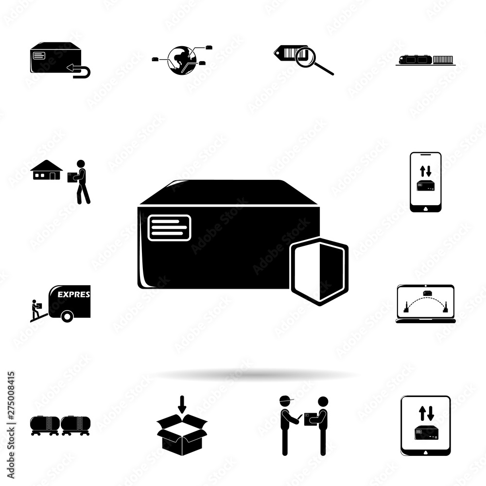 Poster box with shield icon. universal set of logistic for website design and development, app development
