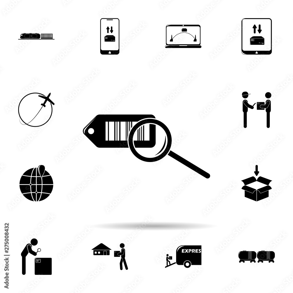 Poster bar code tag and magnifying glass icon. universal set of logistic for website design and development