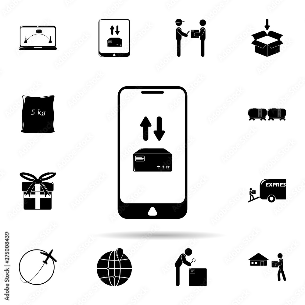 Poster mobile application parcel delivery icon. universal set of logistic for website design and developmen