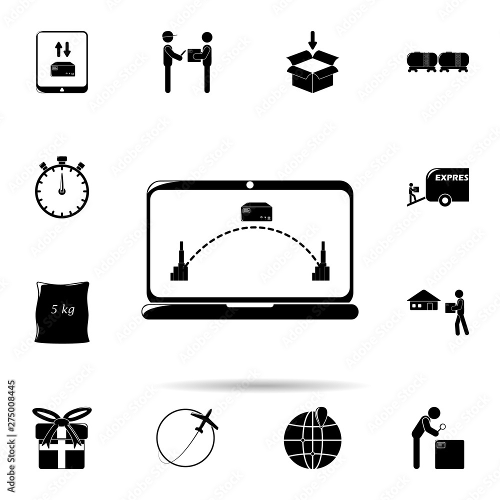 Poster computer application parcel delivery icon. universal set of logistic for website design and developm