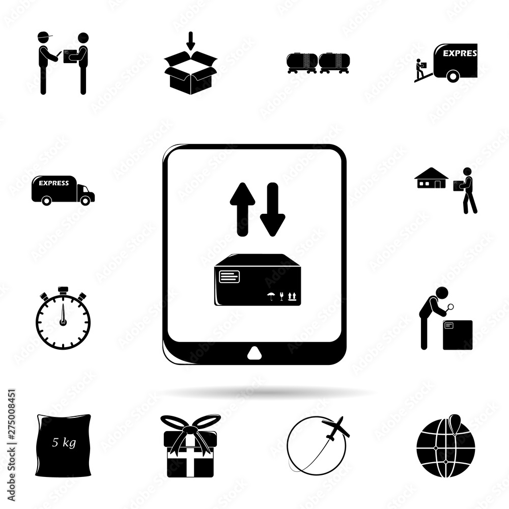 Poster tablet application parcel delivery icon. universal set of logistic for website design and developmen