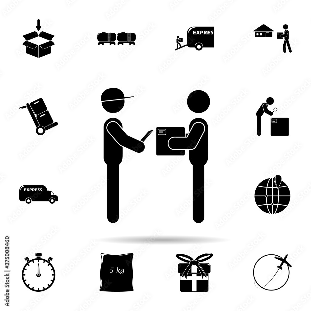 Poster the postman delivers the parcel icon. universal set of logistic for website design and development, 