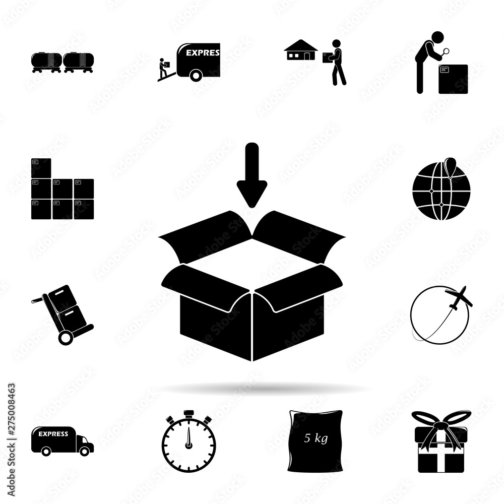 Poster open box and down arrow icon. universal set of logistic for website design and development, app deve
