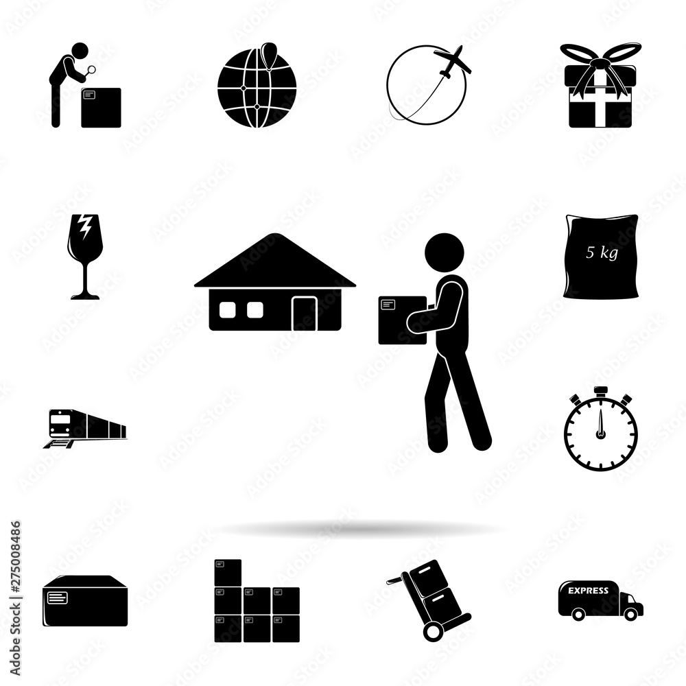 Poster the postman delivers the parcel home icon. universal set of logistic for website design and developm