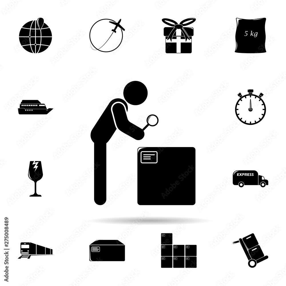 Poster check parcel and magnifier icon. universal set of logistic for website design and development, app d