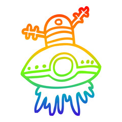 Fototapeta premium rainbow gradient line drawing cartoon alien spaceship