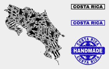 Vector handmade collage of Costa Rica map and grunge watermarks. Mosaic Costa Rica map is created of scattered hands. Blue watermarks with grunge rubber texture.