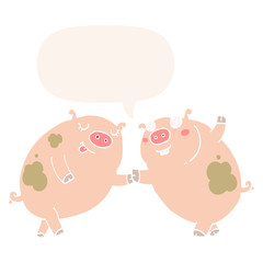 cartoon pigs dancing and speech bubble in retro style