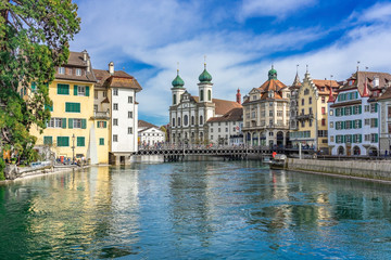 Naklejka na ściany i meble View of the historic city center of Luzern, Jesuitenkirche church and Reuss river, Luzern, Switzerland