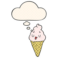 cute cartoon ice cream and thought bubble in comic book style