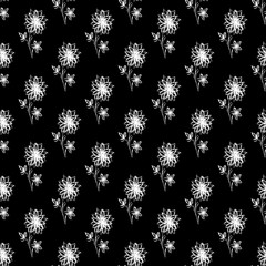 Seamless hand drawn pattern of abstract dandelion flowers isolated on black background. Vector floral illustration. Cute doodle modern isolated pop art elements. Outline