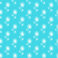 Seamless hand drawn pattern of abstract dandelion flowers isolated on blue background. Vector floral illustration. Cute doodle modern isolated pop art elements. Outline