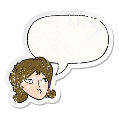 cartoon woman and speech bubble distressed sticker