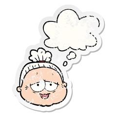 cartoon old lady and thought bubble as a distressed worn sticker