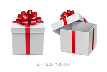 Opened and closed cardboard square boxes with sparkling red ribbon. Festive box for competition winner prize with silk tape decoration. Side view of realistic white 3d container vector illustration.