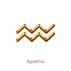Aquarius golden zodiac sign isolated on white background. Star sign for astrology horoscope. Luxury zodiac stylized symbol. Realistic gold design of horoscope constellation sign vector illustration.