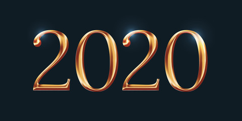 2020 golden numbers isolated on black background. Luxury stylized symbol for Happy New Year congratulation. Realistic gold text for calendar or greeting card design. Winter holiday vector illustration