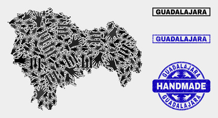 Vector handmade composition of Guadalajara Province map and rubber watermarks. Mosaic Guadalajara Province map is organized of randomized hands. Blue watermarks with distress rubber texture.