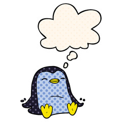 cartoon penguin and thought bubble in comic book style