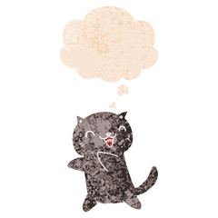 cartoon cat and thought bubble in retro textured style
