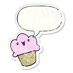 cartoon cupcake and face and speech bubble distressed sticker