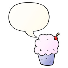 cartoon cupcake and speech bubble in smooth gradient style