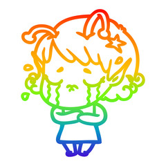 rainbow gradient line drawing cartoon crying alien girl