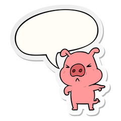cartoon angry pig pointing and speech bubble sticker