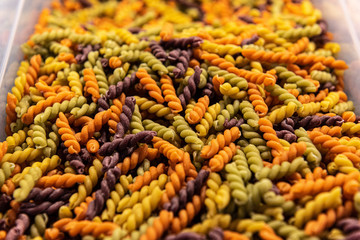Multi colored dry rotini pasta