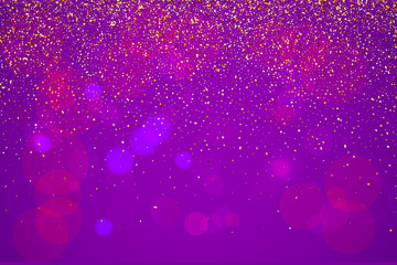 Falling gold glitter on violet background. Lights Shine effect for your design. Falling particles for greeting card, invitation. Vector illustration