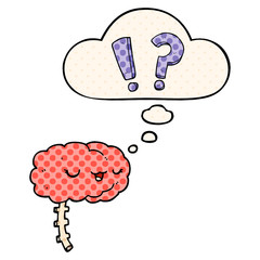 cartoon curious brain and thought bubble in comic book style