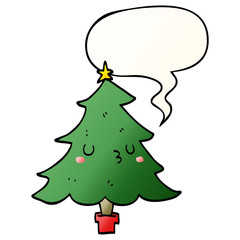 cute cartoon christmas tree and speech bubble in smooth gradient style