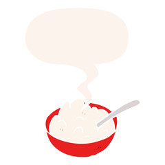 cartoon bowl of porridge and speech bubble in retro style