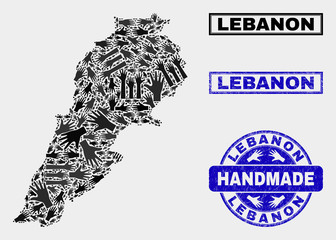 Fototapeta premium Vector handmade combination of Lebanon map and unclean seals. Mosaic Lebanon map is designed of scattered hands. Blue seals with scratched rubber texture. Flat design for handmade marketing purposes.
