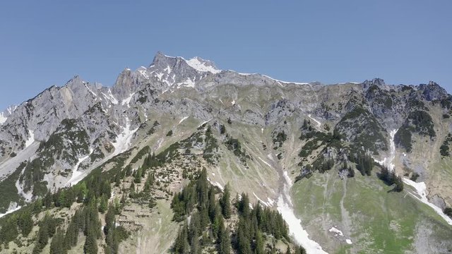 aerial view of mountain pass Flexen in the arlberg Alps, shot in summer on a sunny day