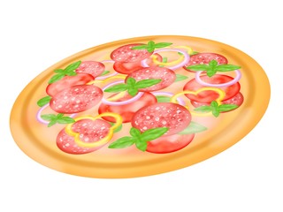 Italian food style, Top view of pizza topping with salami and mixed vegetables isolated on white background, Hand drawn of collection food concept, Great for menu, above
