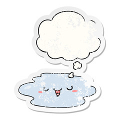 cartoon puddle with face and thought bubble as a distressed worn sticker