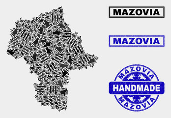 Vector handmade composition of Masovian Voivodeship map and grunge stamp seals. Mosaic Masovian Voivodeship map is created of randomized hands. Blue seals with grunge rubber texture.