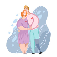Romantic hug couple ordinary woman and man with leg prosthesis. Relationships and love. Date in modern flat style. Family and unity of people. Vector element for cards and your creativity