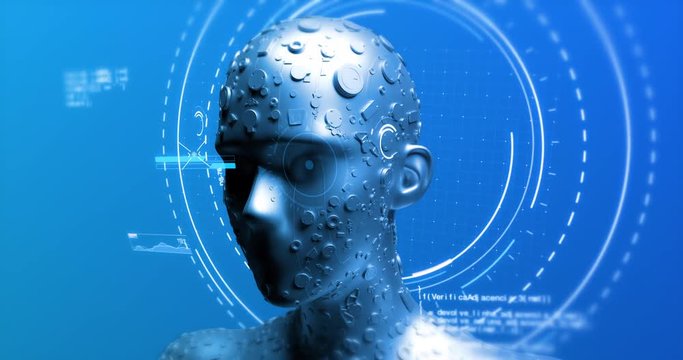 Futuristic Humanoid Robot Analyzing Hud Data - Technology Related 3D 4K Animation Concept