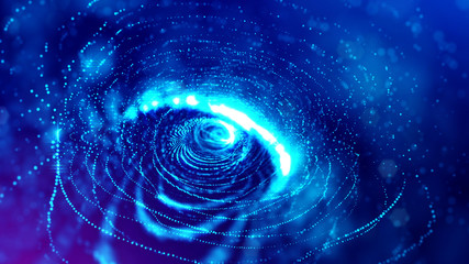 3d rendering background of glowing particles with depth of field, bokeh. Microworld or sci-fi theme. Particles form line and 3d surface grid. Blue spherical structures 9