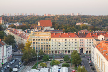 Poznan, Poland - October 12, 2018: View on old and modern buildings at sunset in town Poznan