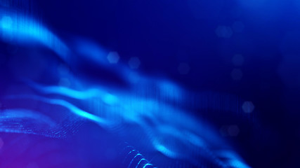 3d rendering background of glowing particles with depth of field, bokeh. Microworld or sci-fi theme. Particles form line and 3d surface grid. Blue 21