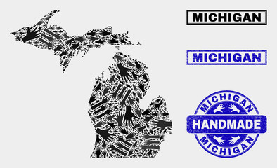 Vector handmade combination of Michigan State map and rubber stamp seals. Mosaic Michigan State map is formed with scattered hands. Blue seals with grunge rubber texture.