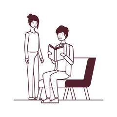 silhouette of couple sitting on chair with book in hands