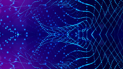 3d rendering background of glowing particles with depth of field, bokeh. Microworld or sci-fi theme. Particles form line and 3d surface grid. Blue 31